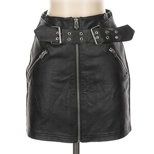NWT Topshop Black Faux Leather Belted Moto Mini Skirt Buckle Zip, Petite US 2